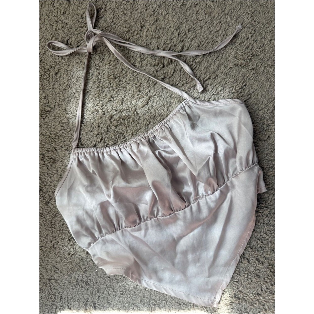 SHEIN Champagne Satin Handkerchief Halter Top Smocked Back Small
